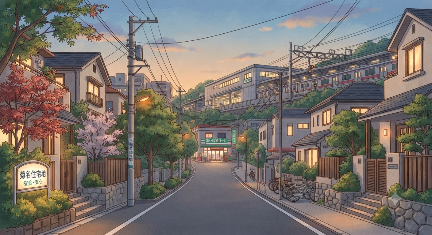 菊名の閑静な住宅街のイメージ。夕暮れの街並みと高台を走る電車