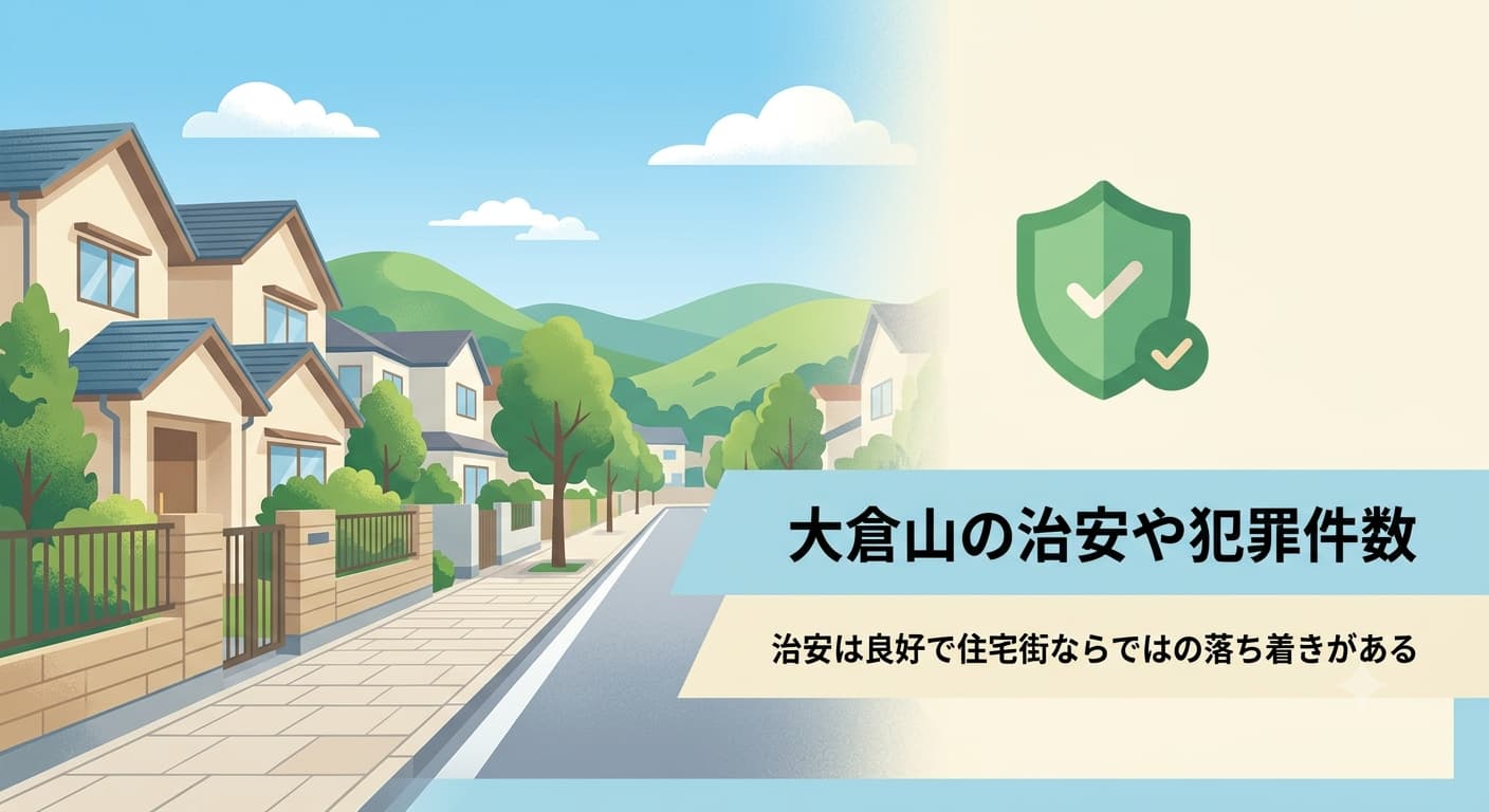 大倉山の治安を示すイラスト。閑静な住宅街の街路とセーフティアイコン
