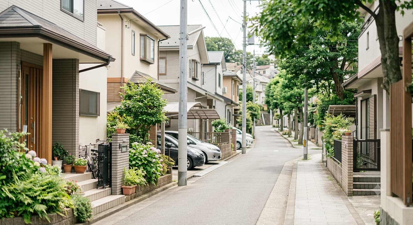 大倉山の閑静な住宅街のイメージ。あじさいの咲く街路と戸建て住宅