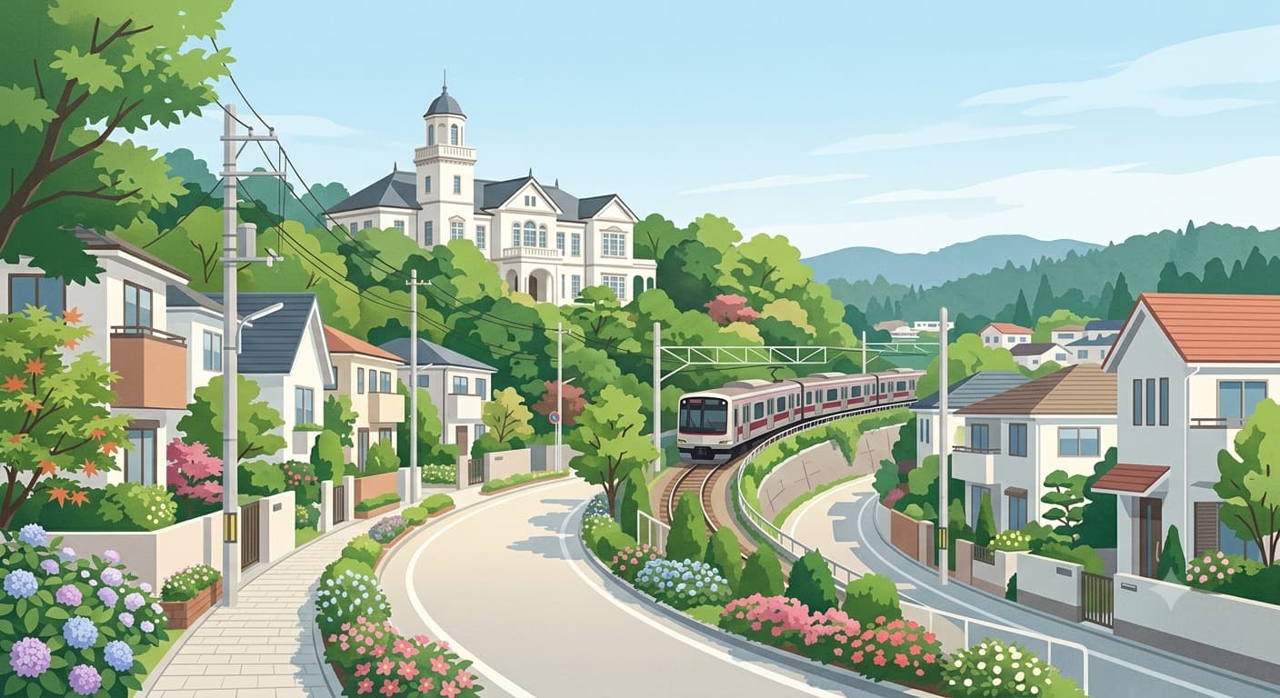 高台に大倉山記念館が建つ大倉山の街並み。東急東横線の電車と閑静な住宅街