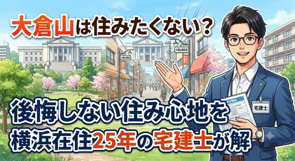 大倉山は住みたくないのかを横浜在住25年の宅建士が解説するアイキャッチ。背景に大倉山記念館と商店街
