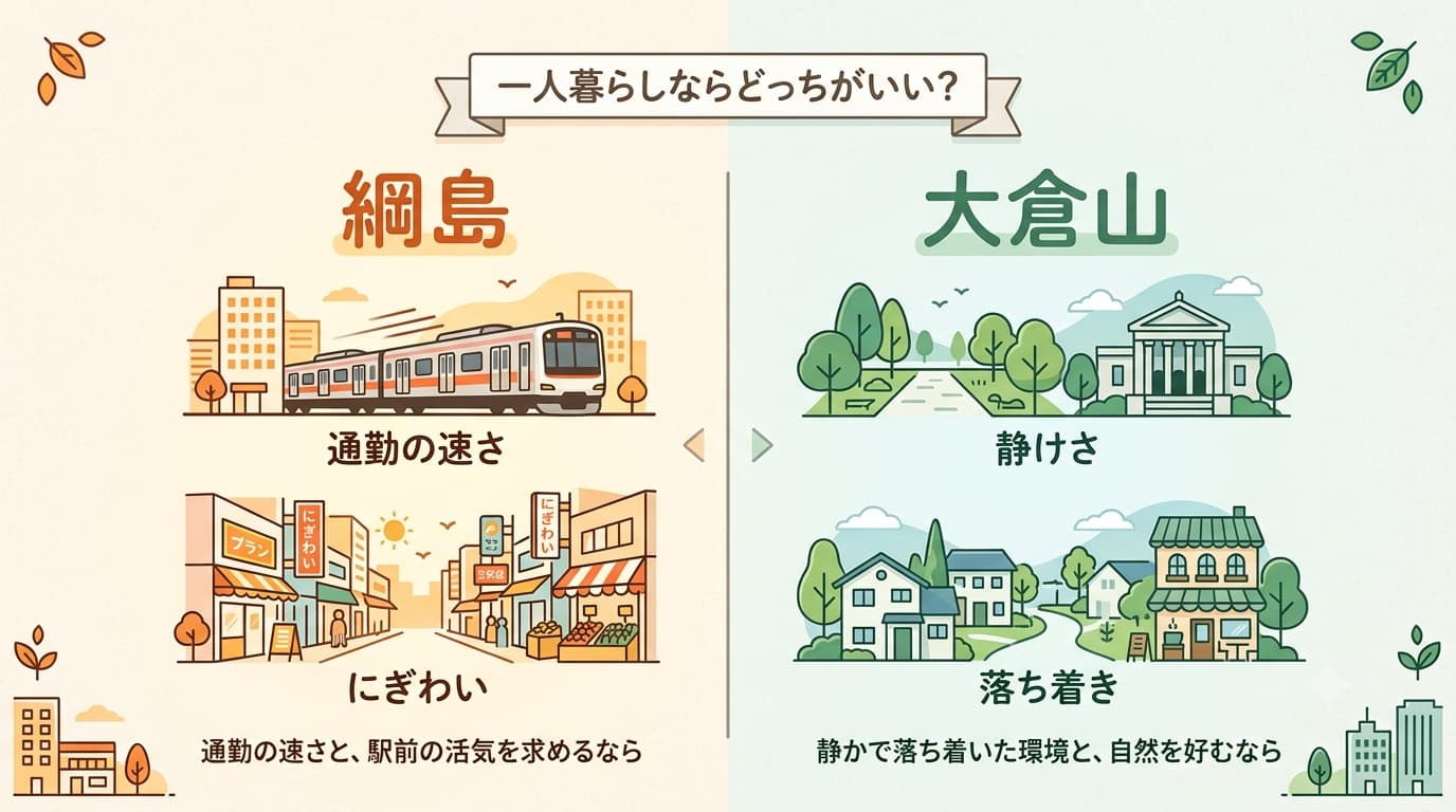 大倉山と綱島の比較。綱島は通勤の速さとにぎわい、大倉山は静けさと落ち着き