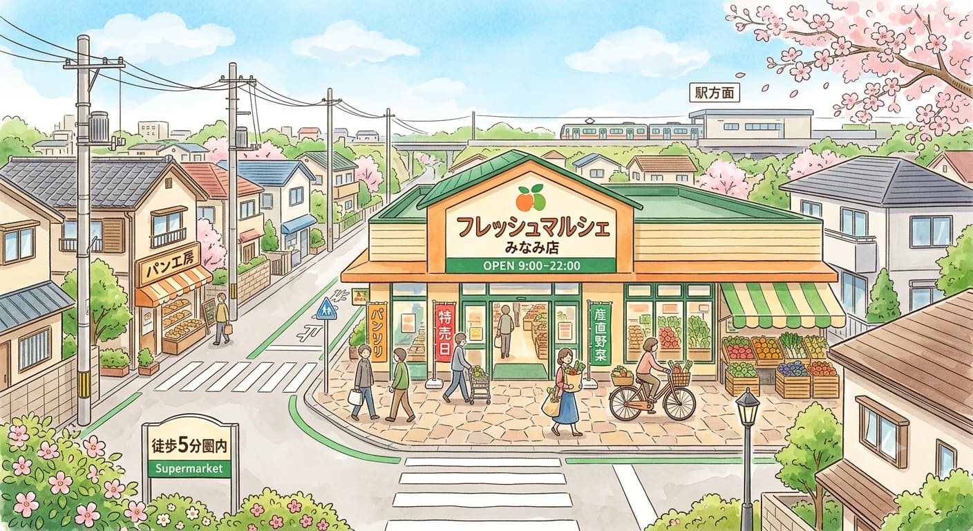 駅徒歩5分圏にスーパーやパン屋が並ぶ買い物環境のイメージ。産直野菜も充実