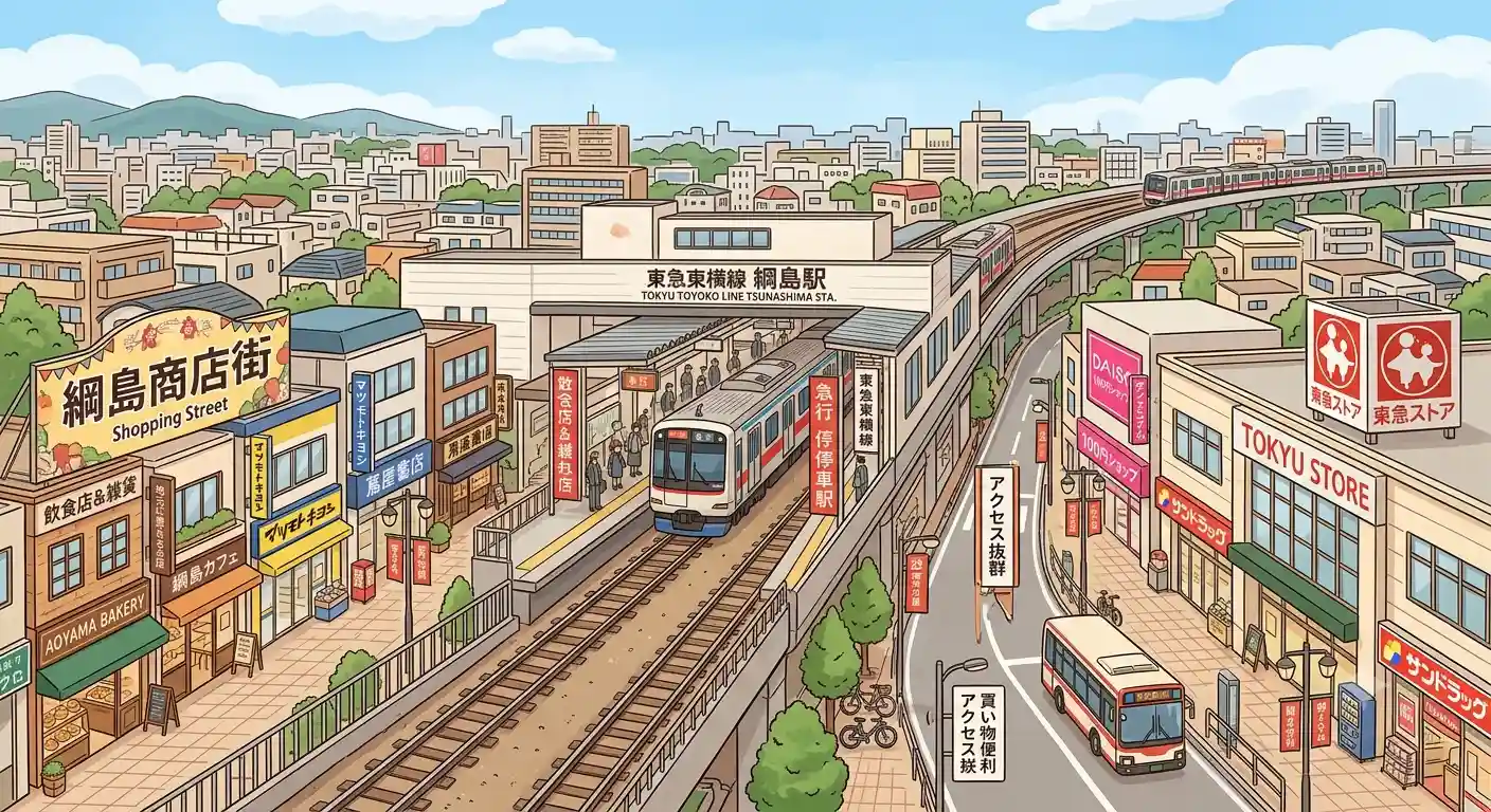 綱島駅周辺の街並み。綱島商店街や東急ストアなどが立ち並び、急行停車駅で買い物や交通の利便性が高い様子