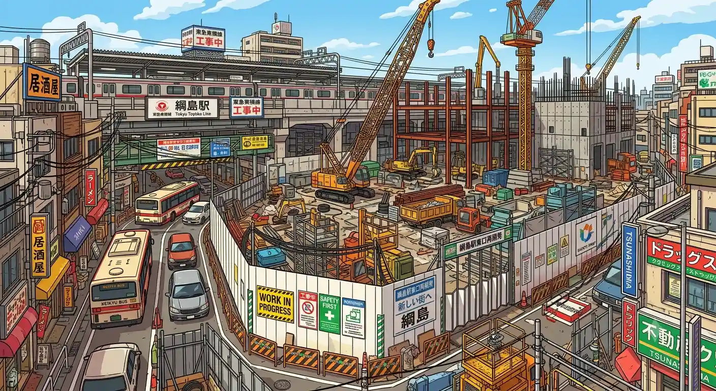 綱島駅東口で進む再開発工事の様子。クレーンや建設中のビルが立ち並ぶ街の風景