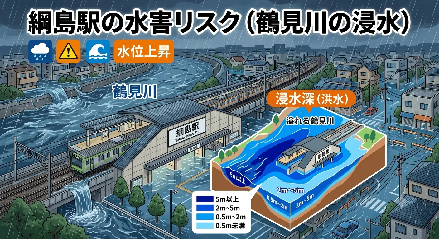 綱島駅周辺の水害リスクを示す図解。鶴見川の氾濫による浸水深を色分けで表している
