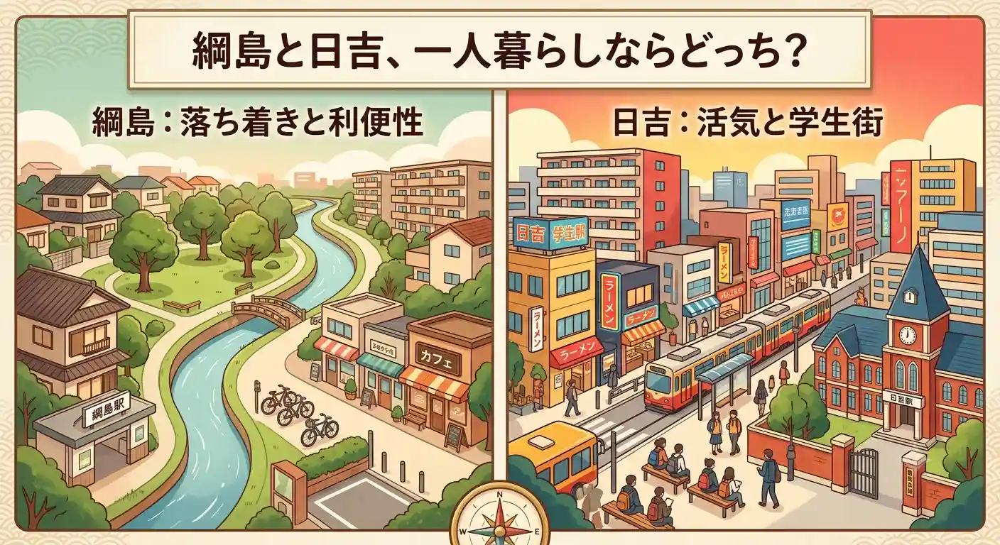 綱島と日吉を一人暮らし目線で比較した図解。落ち着きと利便性の綱島、活気と学生街の日吉を左右で対比している