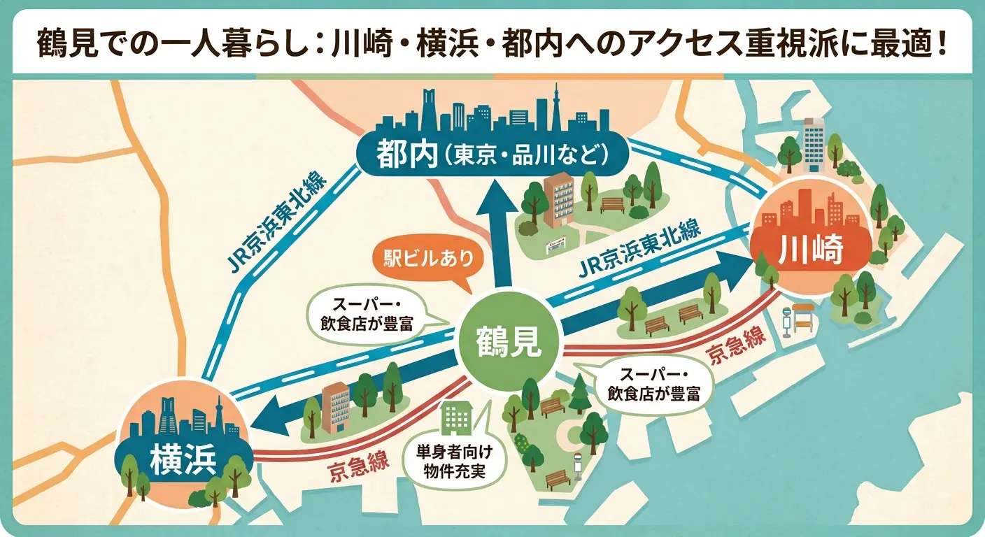 鶴見駅から横浜・川崎・都内へのアクセスを示す路線図。JR京浜東北線と京急本線が利用できる