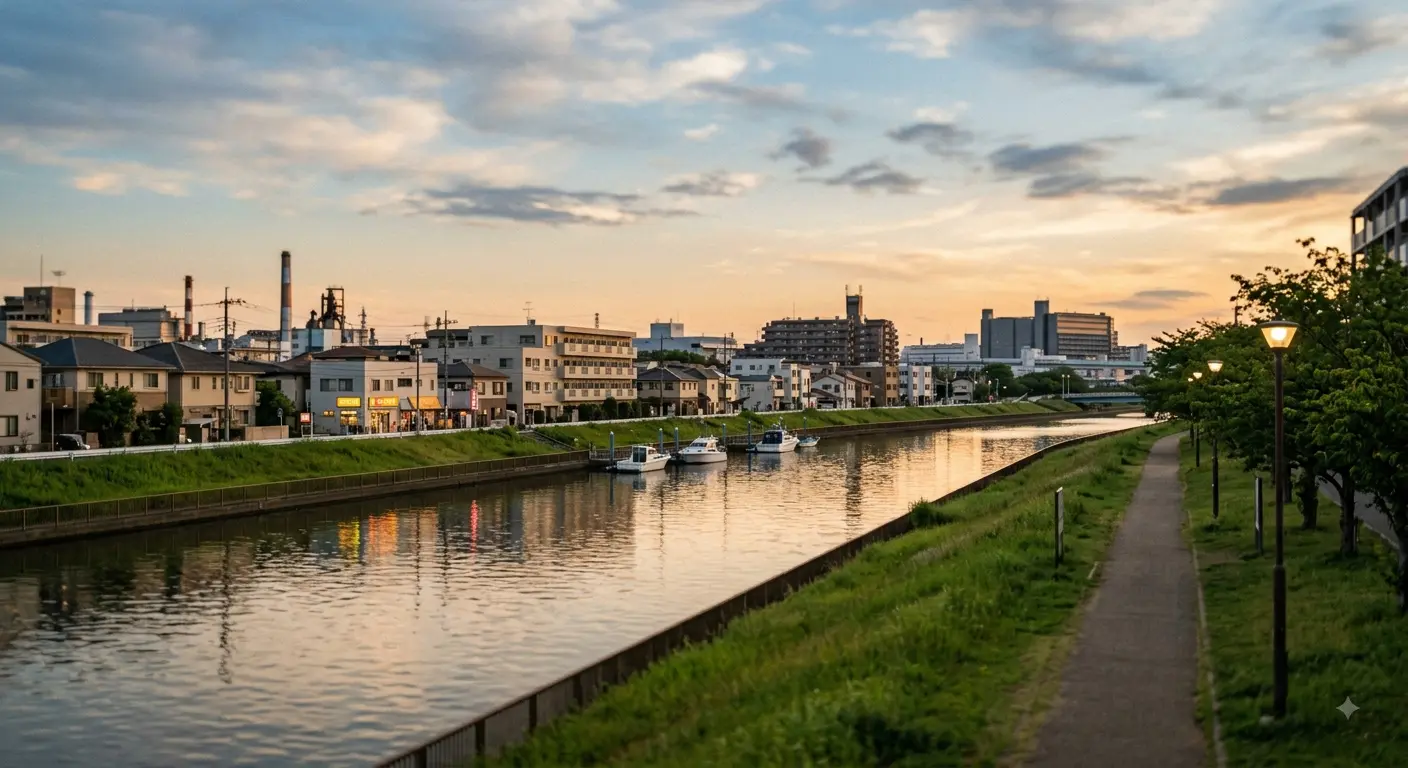 夕暮れの鶴見川沿いの遊歩道。街灯が灯り工場地帯を背景にした住宅街の風景