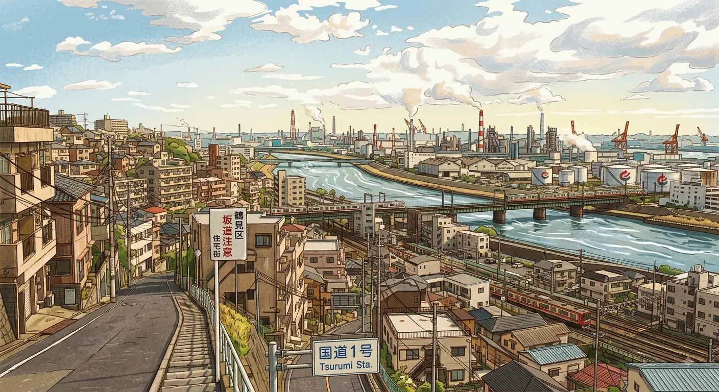 坂道の住宅街の先に京浜工業地帯が広がる横浜市鶴見区の街並みイラスト