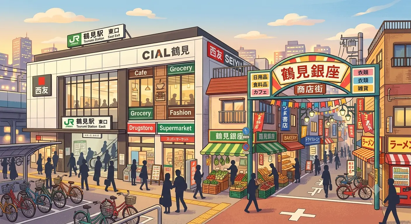 鶴見駅東口の買い物環境。駅直結のCIAL鶴見と鶴見銀座商店街が並び、日常の買い物が駅前で完結する