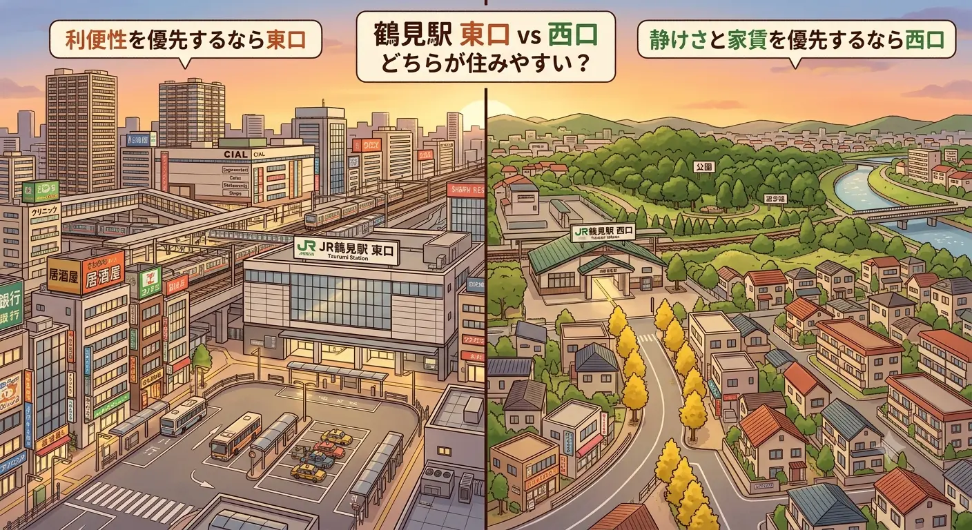鶴見駅の東口と西口の比較。東口は商業施設が集まる市街地、西口は静かな住宅街が広がる