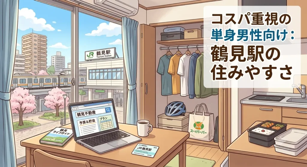 鶴見駅の住みやすさはコスパ重視の単身男性向け。JR鶴見駅が見える1Kの部屋で物件情報を調べるイラスト