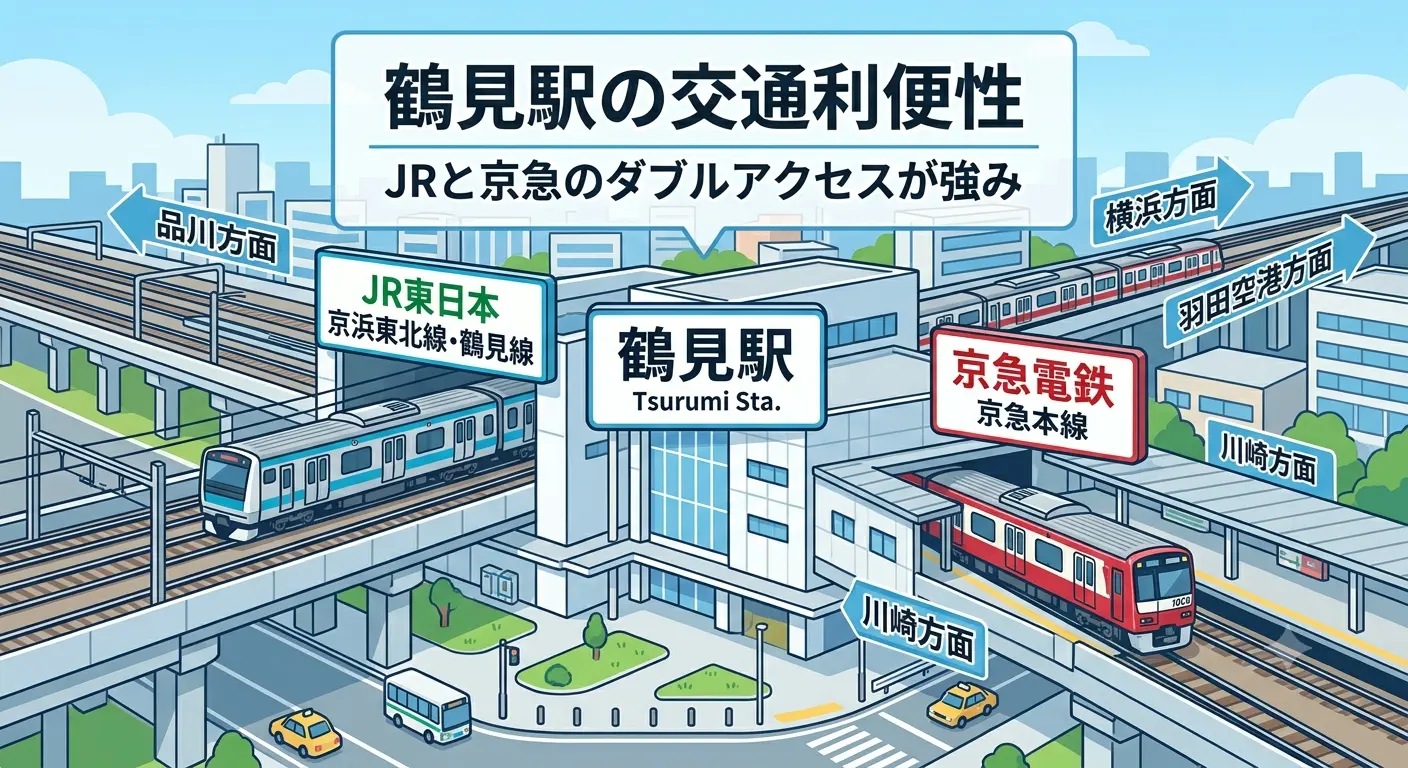 鶴見駅の交通利便性。JR京浜東北線・鶴見線と京急本線が使え、品川・横浜・川崎・羽田空港方面へアクセスできる