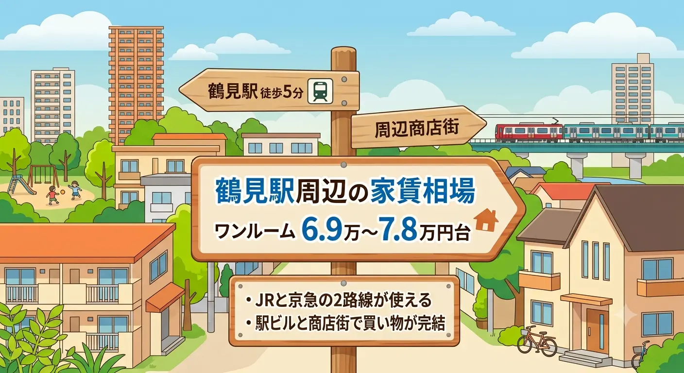 鶴見駅周辺のワンルーム家賃相場は6.9万〜7.8万円台。JRと京急が走る鶴見駅周辺の住宅街のイメージ
