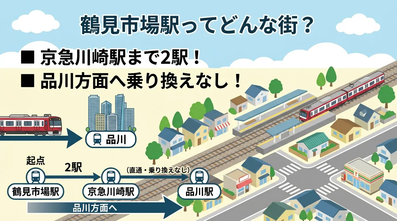 鶴見市場駅のアクセス図解。京急本線で鶴見市場駅から京急川崎駅まで2駅、品川駅へは乗り換えなしの直通で移動でき、住宅街を走る京急線と高架駅の街並みをイラストで表現