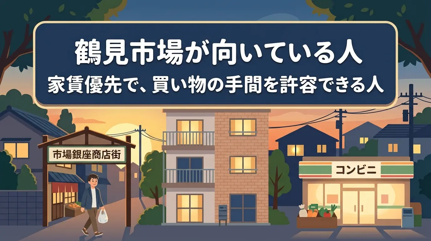 鶴見市場が向いている人を示すイラスト。家賃優先で買い物の手間を許容できる人に向くというメッセージと、夕暮れの市場銀座商店街、アパート、コンビニが並ぶ静かな住宅街を表現
