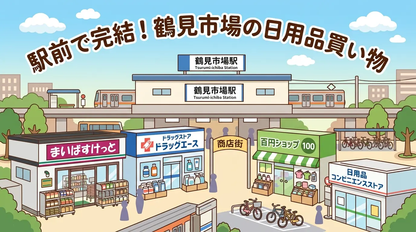 鶴見市場駅前の買い物環境のイラスト。駅前にまいばすけっとやドラッグストア、100円ショップ、コンビニ、商店街の入口が並び、日用品が徒歩1分圏で揃う様子を表現