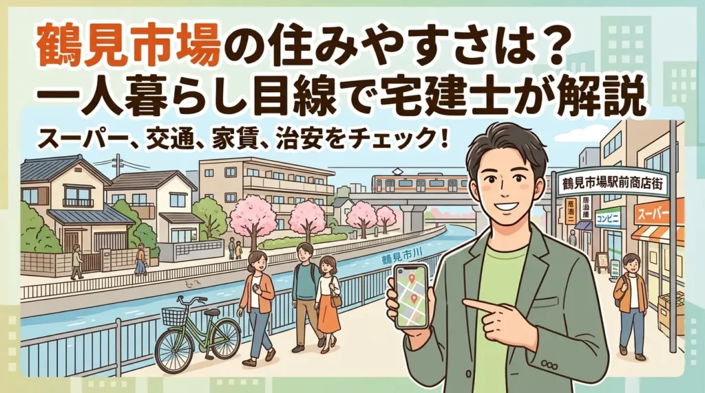 鶴見市場の住みやすさを一人暮らし目線で宅建士が解説するアイキャッチ。スーパー・交通・家賃・治安の4項目をチェックする内容を示す、川沿いの住宅街と商店街のイラスト