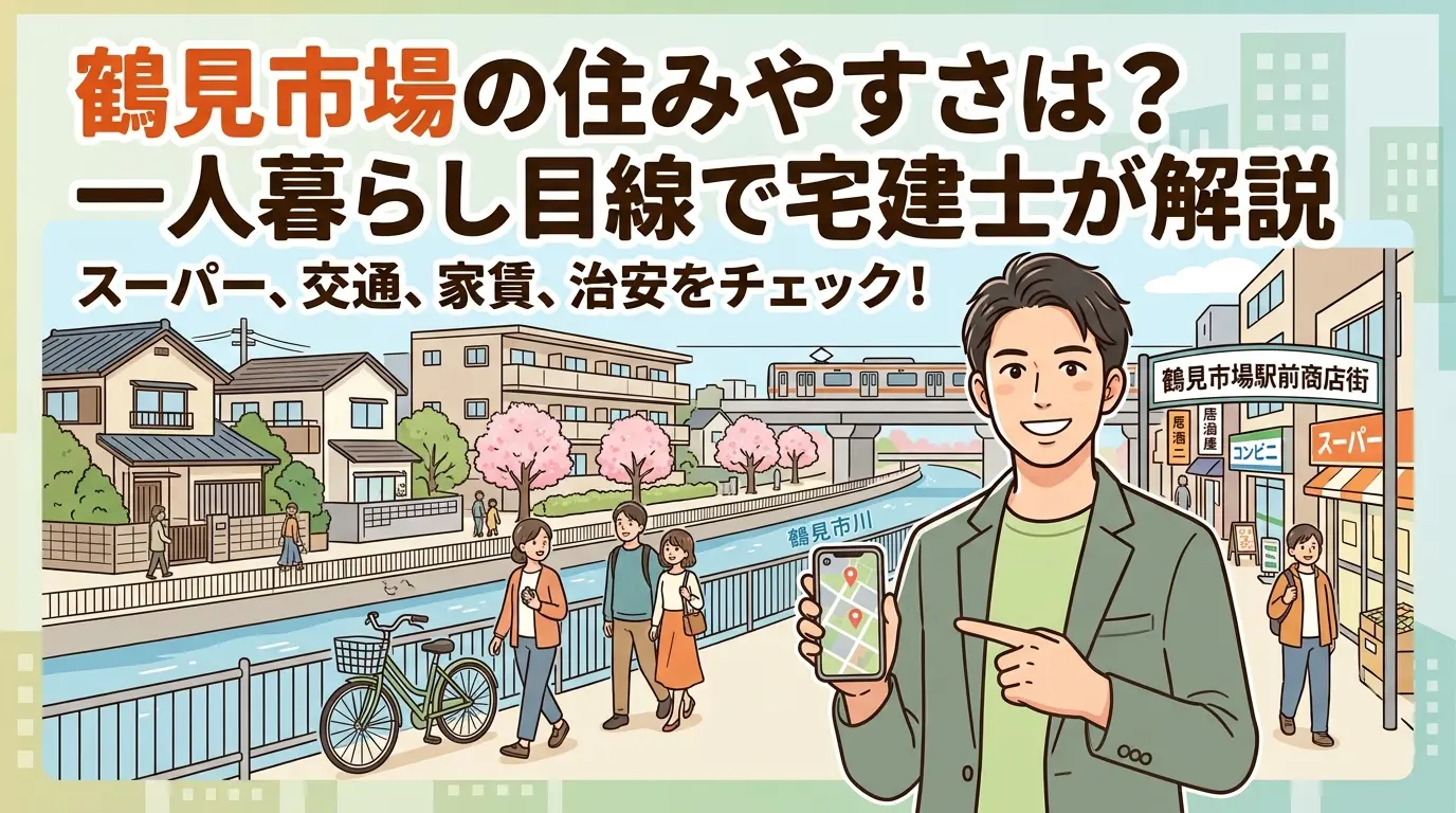 鶴見市場の住みやすさを一人暮らし目線で宅建士が解説するアイキャッチ。スーパー・交通・家賃・治安の4項目をチェックする内容を示す、川沿いの住宅街と商店街のイラスト