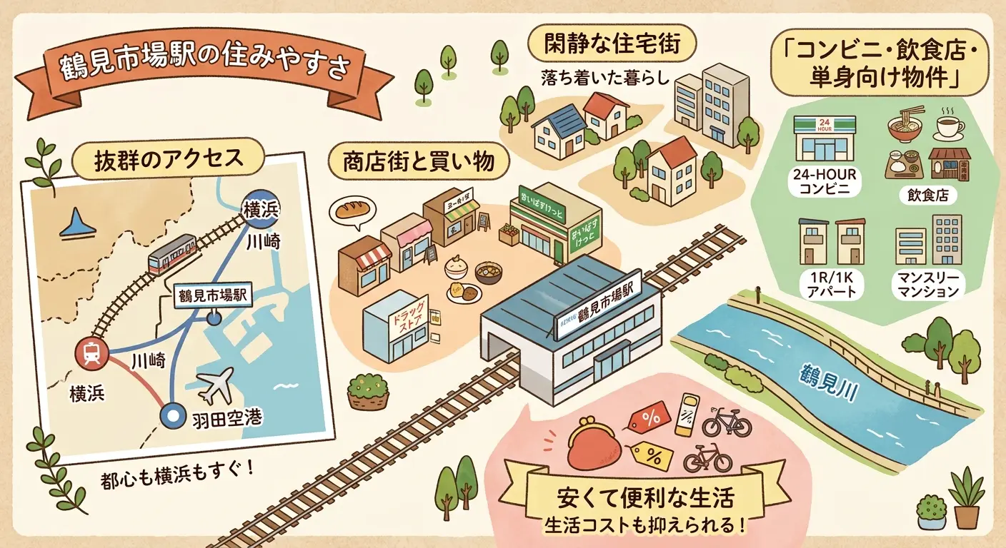 鶴見市場駅の住みやすさを図解したインフォグラフィック。横浜・川崎・羽田空港へのアクセス、駅前の商店街と買い物環境、閑静な住宅街、コンビニや単身向け物件など一人暮らしの生活環境をまとめた図