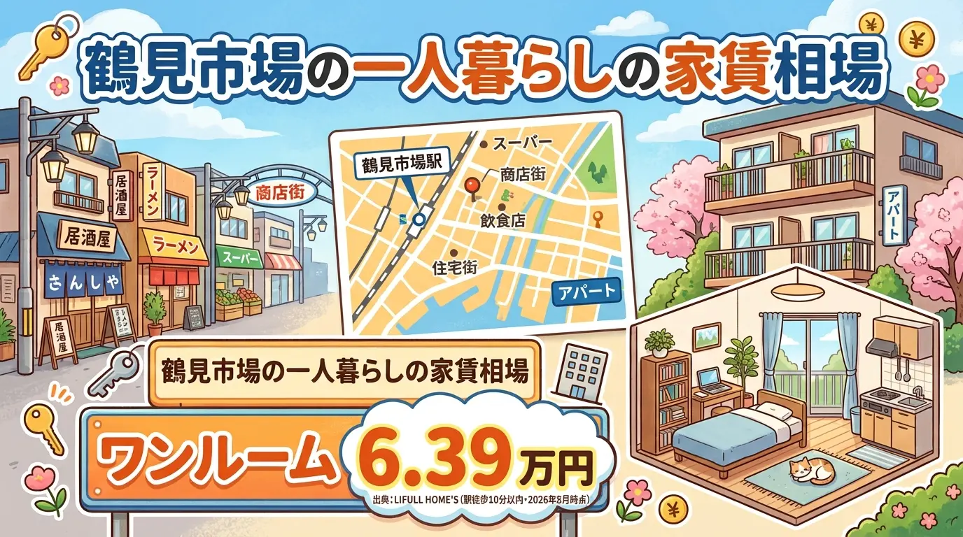 鶴見市場の一人暮らしの家賃相場を示すイラスト。ワンルームの家賃相場は6.39万円(LIFULL HOME'S・駅徒歩10分以内・2026年8月時点)で、商店街やアパート、単身向けの部屋を表現