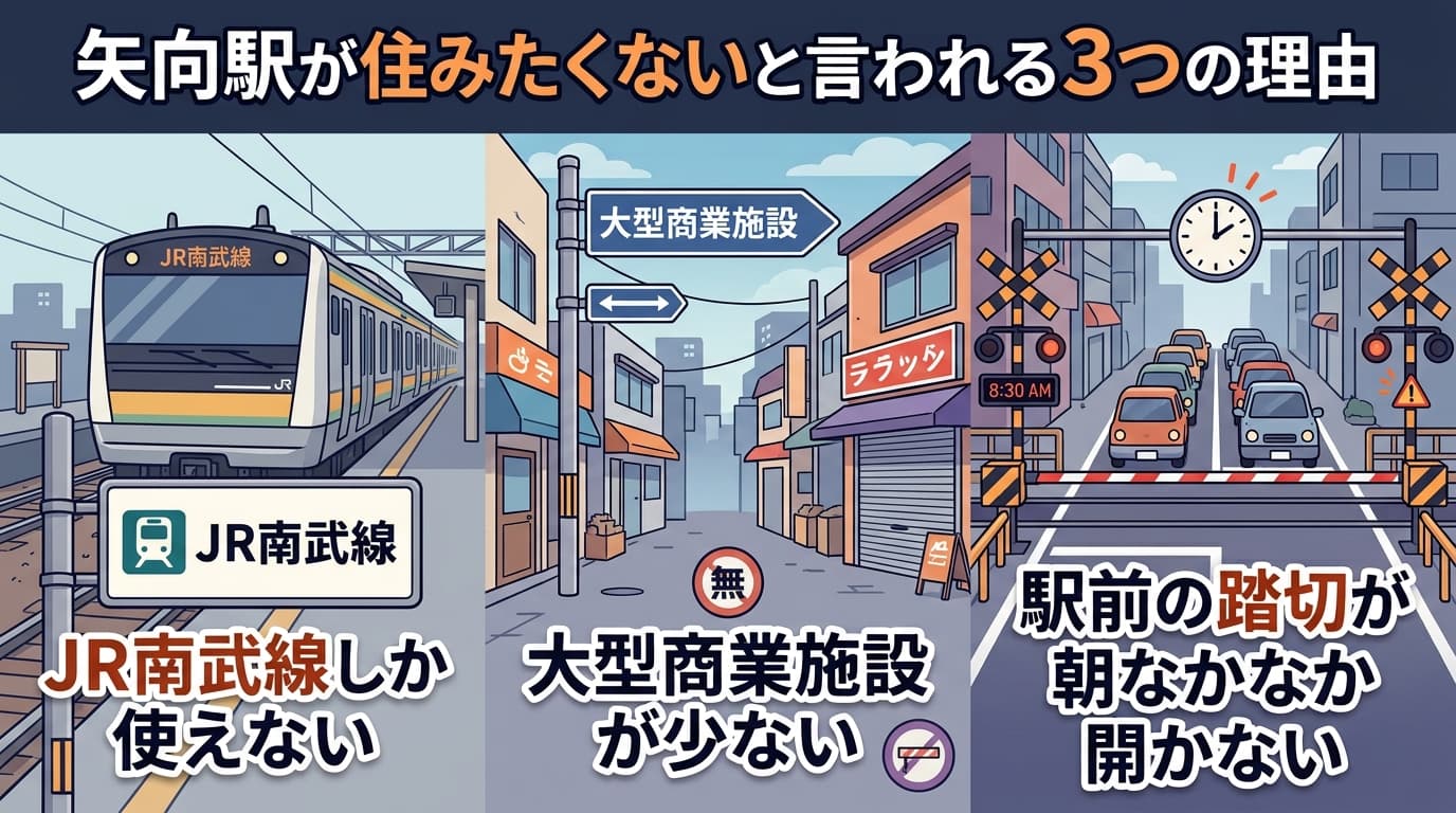 矢向 住みたくないと言われる3つの理由の図解。JR南武線しか使えない、大型商業施設が少ない、駅前の踏切が朝なかなか開かないの3点