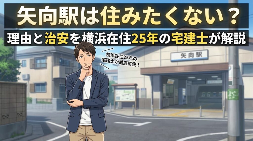 矢向 住みたくないは本当か？理由と治安を横浜在住25年の宅建士が解説する記事のアイキャッチ。矢向駅前で考え込む一人暮らし検討中の男性