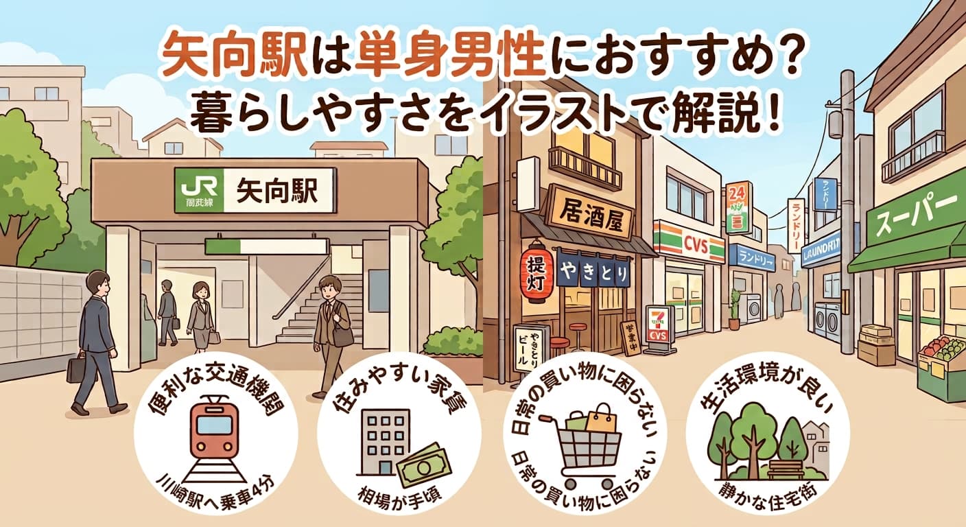 矢向 住みたくないか単身男性目線で判断する図解。川崎駅へ乗車4分、家賃相場が手頃、日常の買い物に困らない、静かな住宅街の4つの魅力
