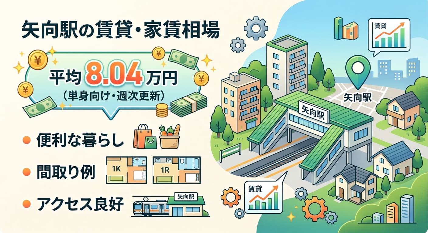 矢向 住みたくないか家賃で判断する図解。矢向駅の単身向け家賃相場は平均8.04万円(LIFULL HOME'S・1R/1K/1DK・2026年8月時点)