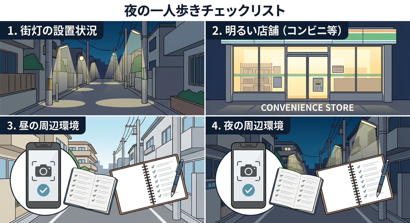 矢向 住みたくないか内見前に判断する夜の一人歩きチェックリスト図解。街灯の設置状況、明るいコンビニ、昼と夜の周辺環境の4項目を確認