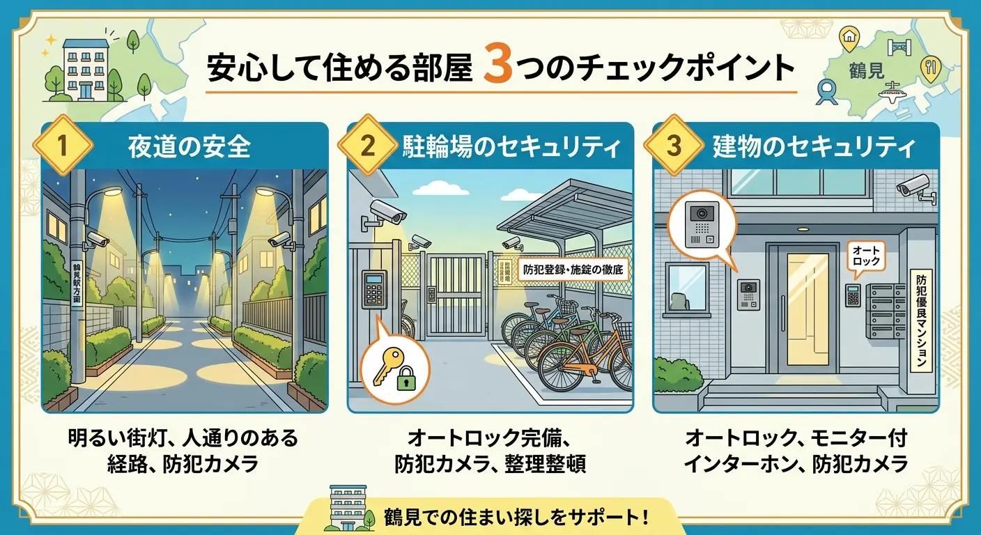 横浜市鶴見区で安心して住める部屋の3つのチェックポイント|夜道・駐輪場・建物のセキュリティ