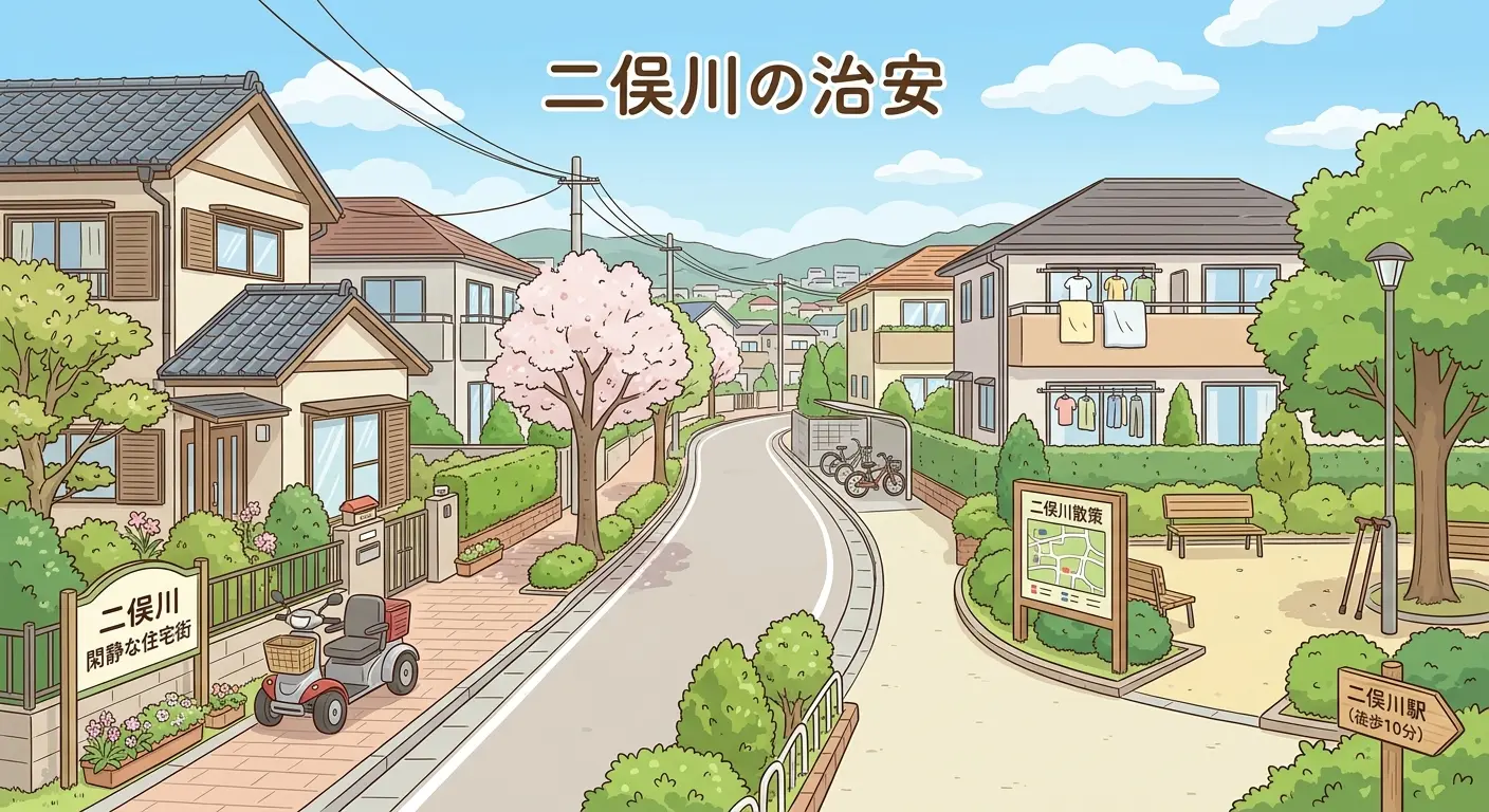 二俣川の治安を表す閑静な住宅街のイラスト。桜の咲く通りに戸建てが並び、公園のベンチと二俣川駅まで徒歩10分の案内標識がある昼間の風景