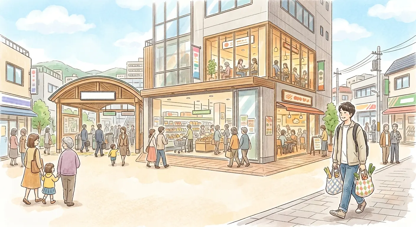 二俣川駅前の買い物環境のイラスト。駅の改札前にスーパーや飲食店が入る商業施設があり、買い物袋を持った男性が歩く様子