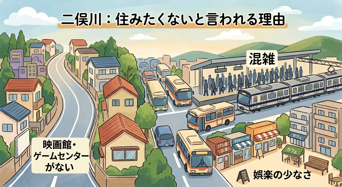 二俣川が住みたくないと言われる理由のイラスト。丘の上へ続く坂道の住宅街、朝の駅ホームの混雑、映画館やゲームセンターがないという3つの不満点