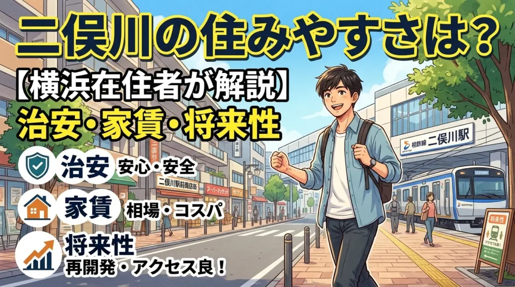 二俣川の住みやすさを横浜在住者が解説する記事のアイキャッチ。相鉄線二俣川駅前の商店街を歩く一人暮らしの男性と、治安・家賃・将来性の3つのチェック項目