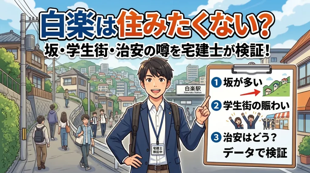 白楽は住みたくない？坂・学生街・治安の噂を宅建士が検証する記事のアイキャッチ。坂道と大学生が行き交う白楽の街並みを背景に、3つの検証ポイントを指さす宅建士のイラスト