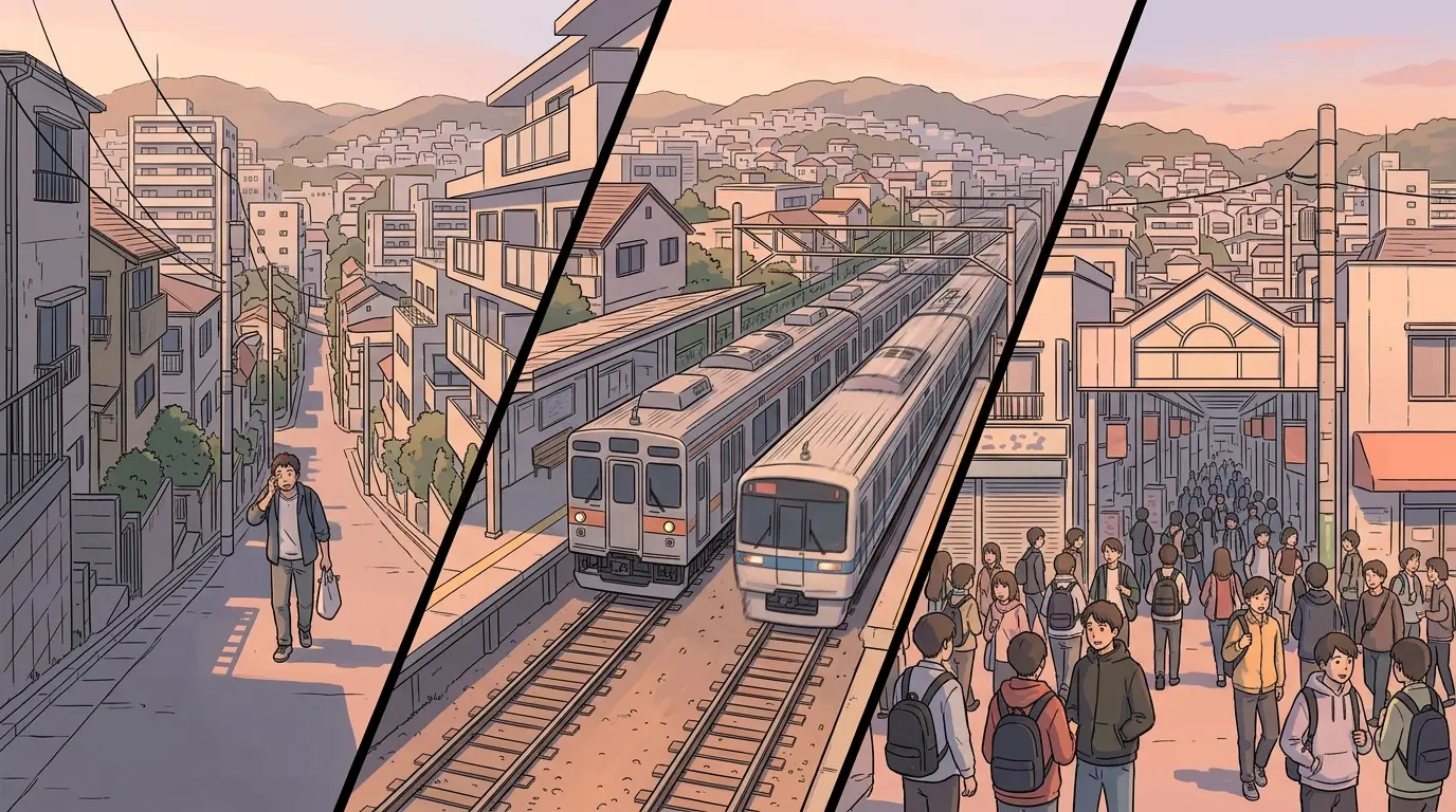 白楽が住みたくないと言われる3つの理由を描いたイラスト。駅から離れた急な坂道、急行が通過する各駅停車の駅、大学生でにぎわう駅前の商店街