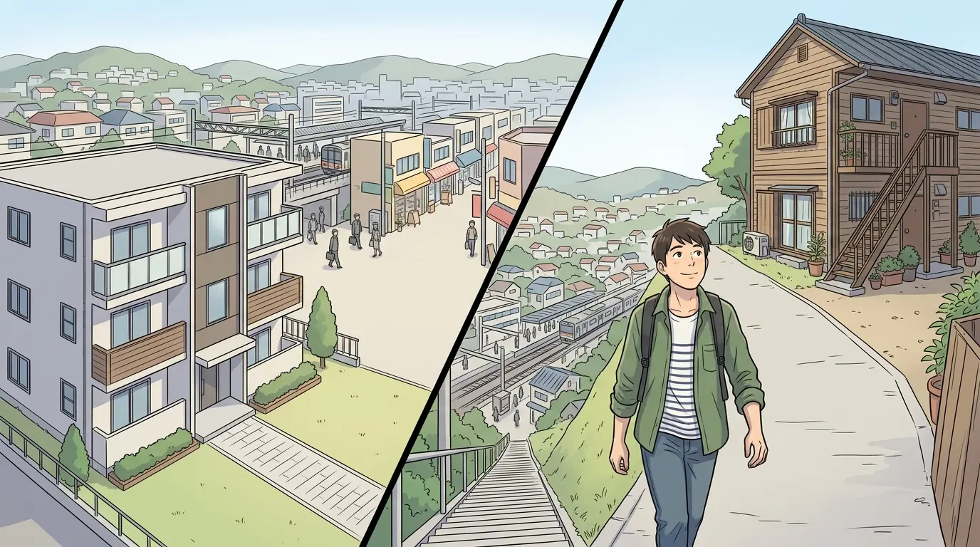 白楽の家賃が物件によって変わる理由を描いたイラスト。駅近くの新しい単身向けマンションと、長い坂を上った先にある古い木造アパートの対比
