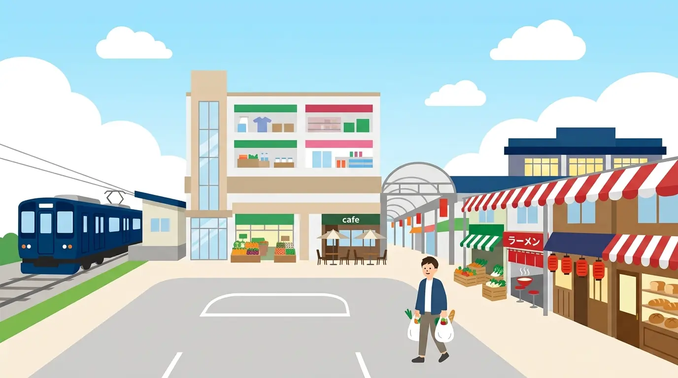 鶴ヶ峰駅前のスーパーが入る商業施設と商店街で買い物をする様子を描いたイメージ
