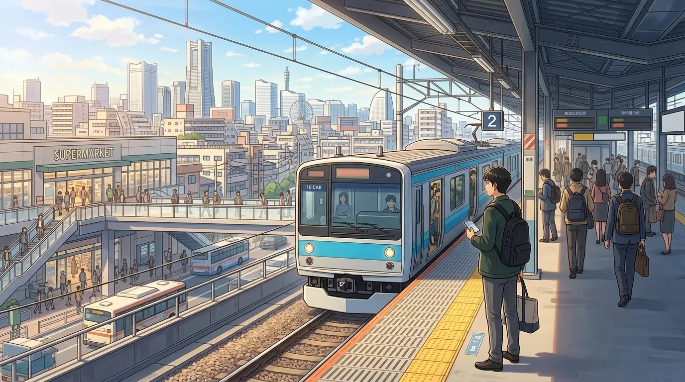 東神奈川駅のホームから横浜駅方面の高層ビルが見える通勤風景のイラスト。横浜駅まで3分