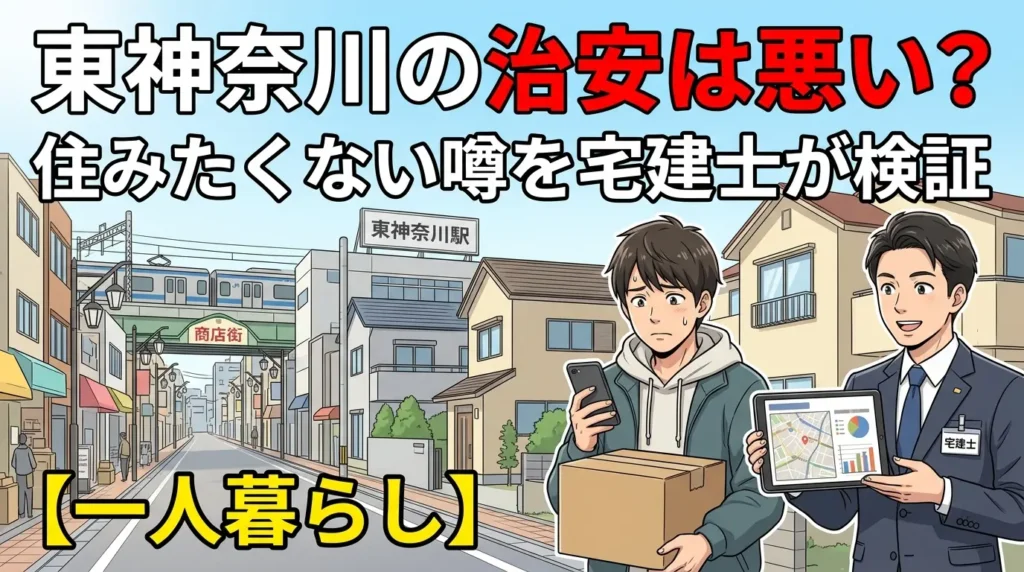 東神奈川の治安は悪い？引っ越し前の一人暮らし男性に宅建士が地図とデータで説明するイラスト