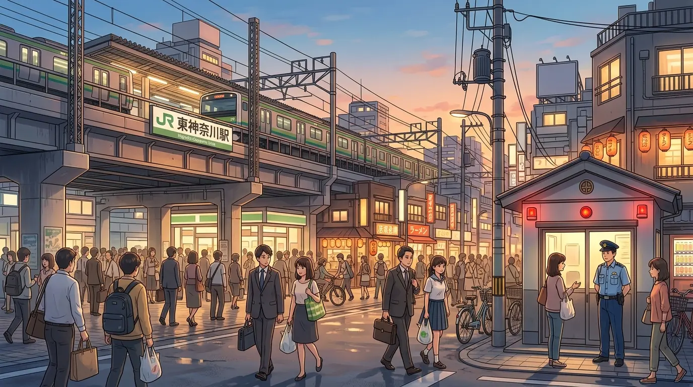 夕方の東神奈川駅前を人が行き交う穏やかな街並みのイラスト。治安は横浜市平均並み