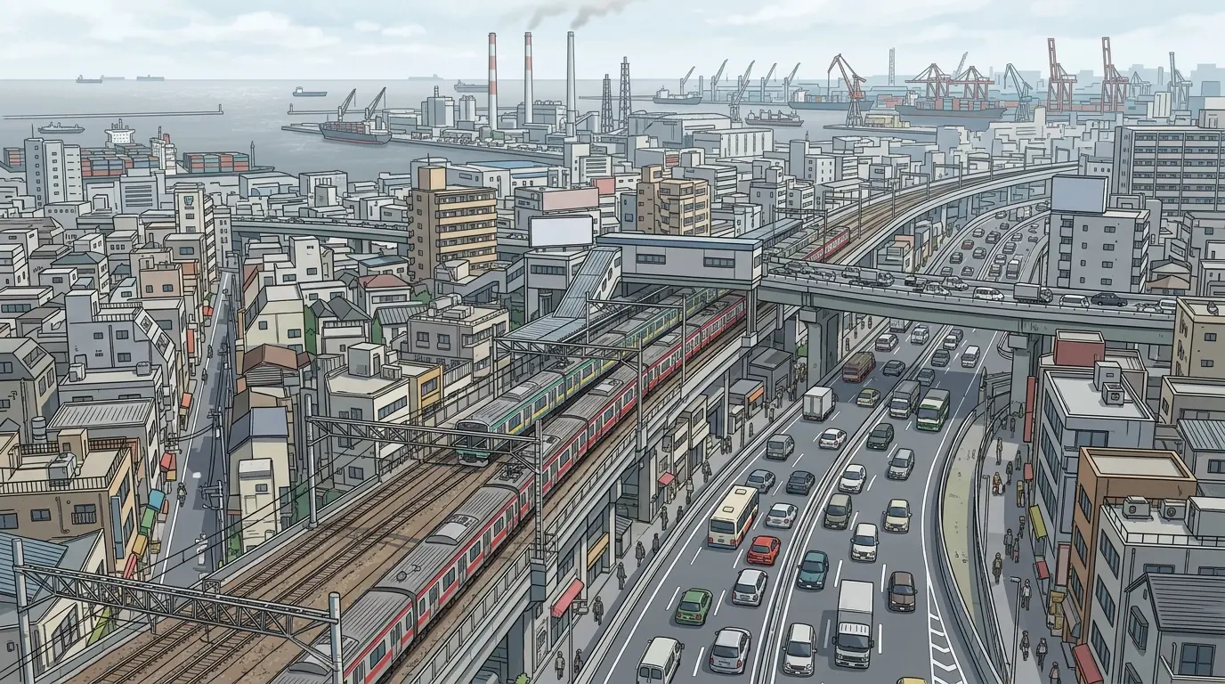 東神奈川駅東口側で線路・国道・首都高が重なり海側に工業地帯が見える雑然とした街並みのイラスト