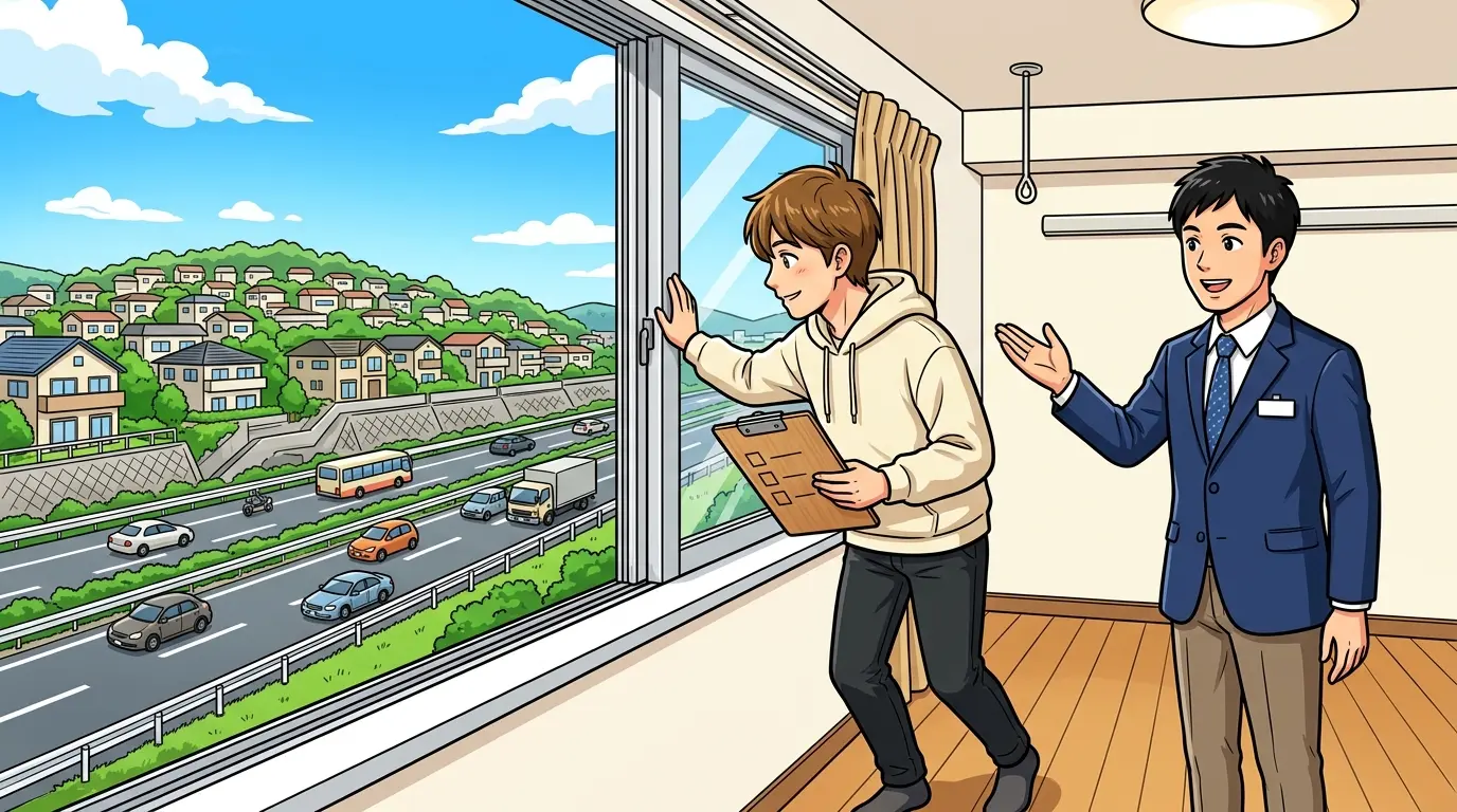 反町の賃貸物件を内見する男性と宅建士のイラスト。窓を開けて騒音を確かめるなど、失敗しない部屋選びのチェックポイントを表す
