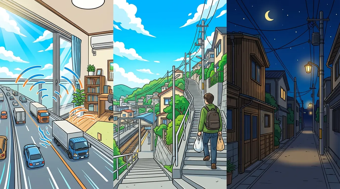 反町が住みにくいと言われる3つの理由を描いたイラスト。国道1号沿いの騒音、西側の丘の坂道、夜道の暗さ