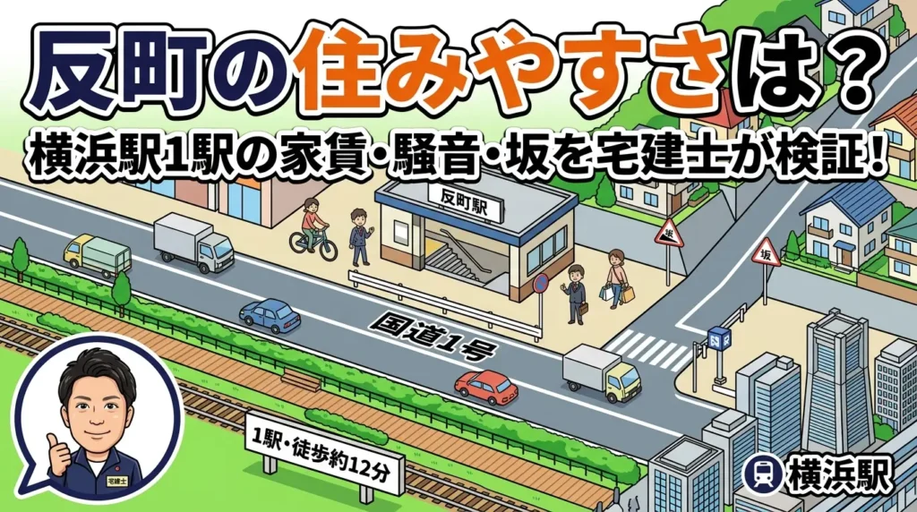 反町の住みやすさを宅建士が検証するイラスト。反町駅前を走る国道1号、横浜駅まで1駅・徒歩約12分の緑道、丘へ上がる坂道を俯瞰で描いたマップ