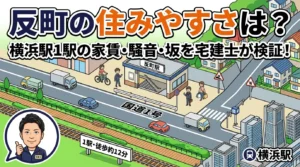 反町の住みやすさを宅建士が検証するイラスト。反町駅前を走る国道1号、横浜駅まで1駅・徒歩約12分の緑道、丘へ上がる坂道を俯瞰で描いたマップ