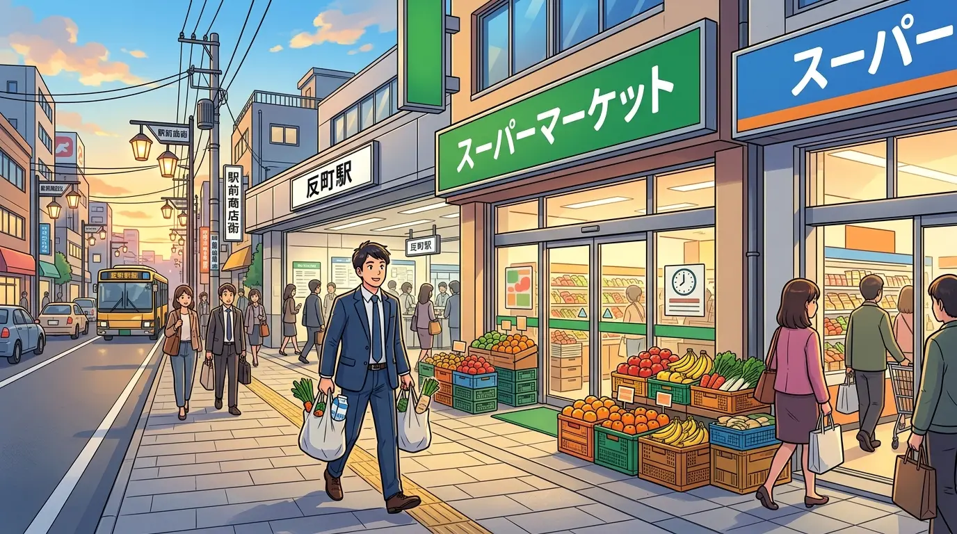 反町駅前のスーパーで買い物をして帰る一人暮らしの男性のイラスト。駅徒歩5分圏に複数のスーパーがある買い物環境を表す