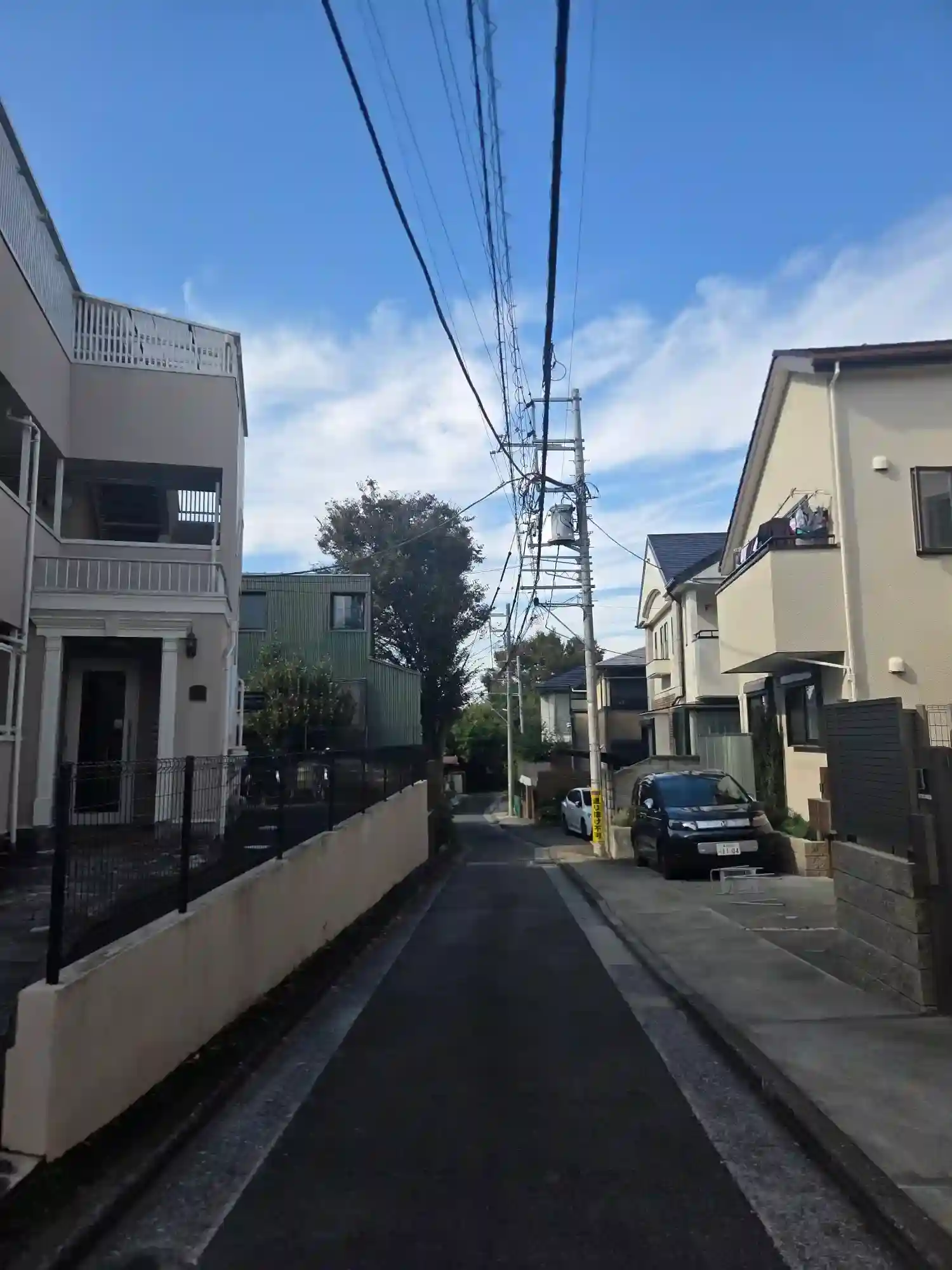 日吉駅から離れた閑静な住宅街。戸建てや低層の住宅が並び、駅前の学生街とは雰囲気が異なる落ち着いた街並み